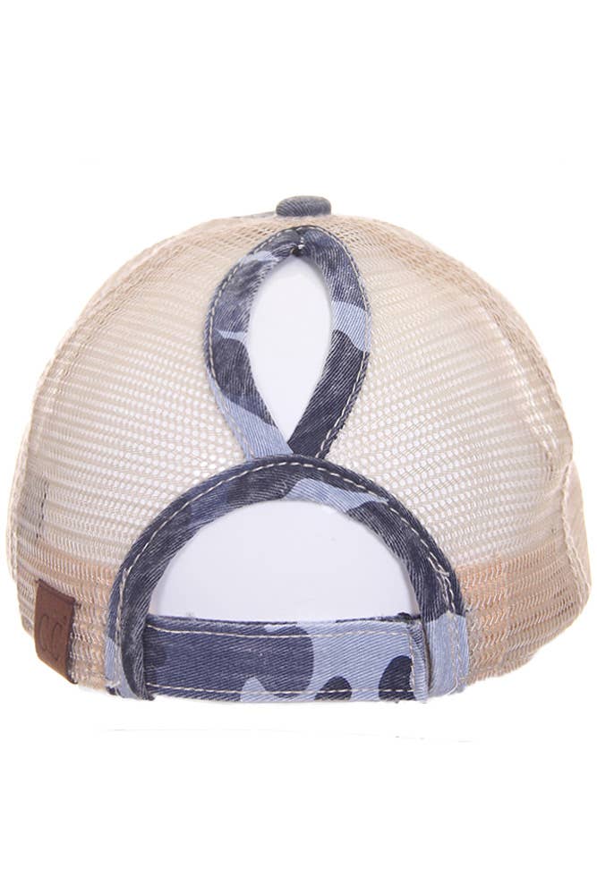 Camouflage distressed vintage style ponytail cap