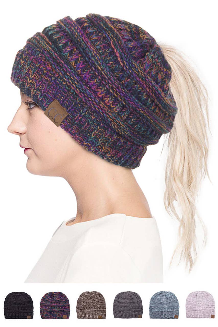 Mix Color Knit Ponytail Messy Bun Beanie