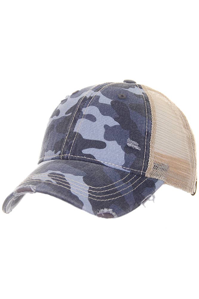 Camouflage distressed vintage style ponytail cap