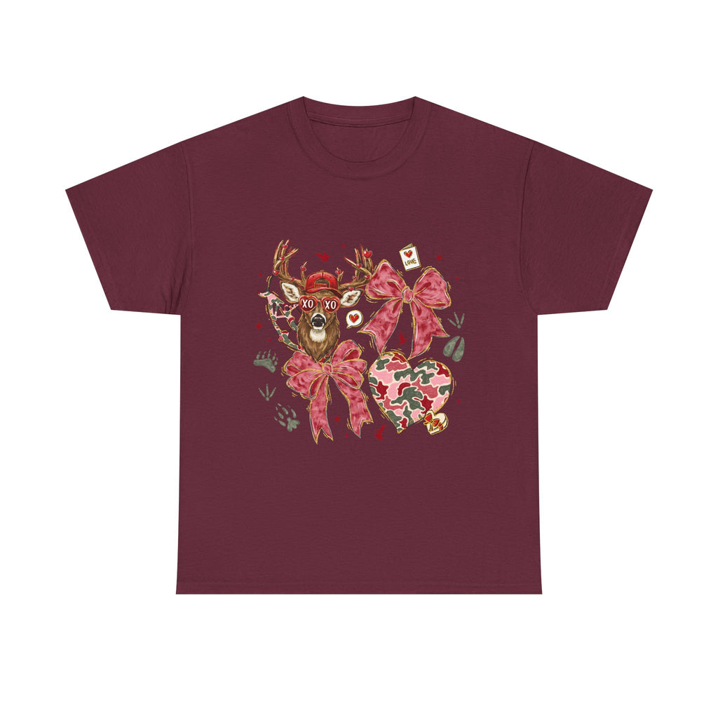 Valentine Reindeer Heart T-Shirt — Cute Floral Bow Love Graphic Tee