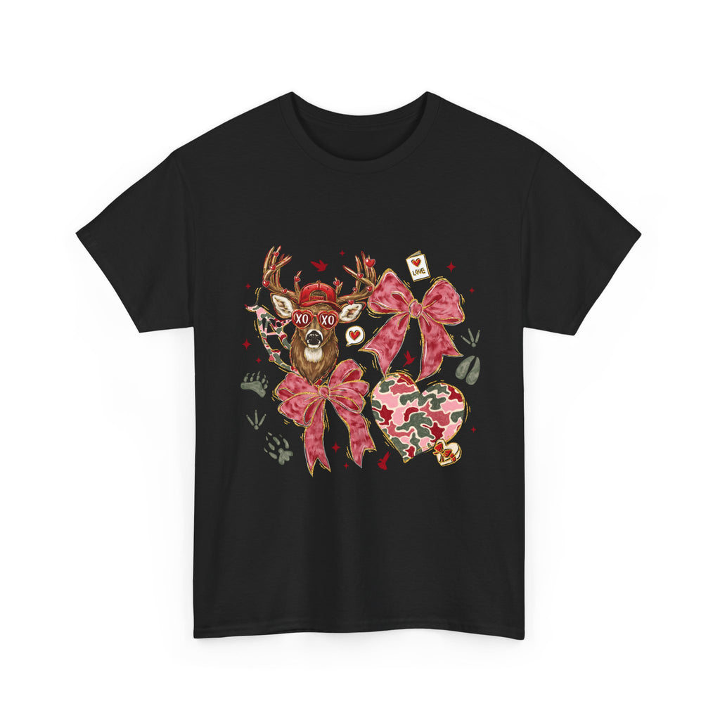Valentine Reindeer Heart T-Shirt — Cute Floral Bow Love Graphic Tee