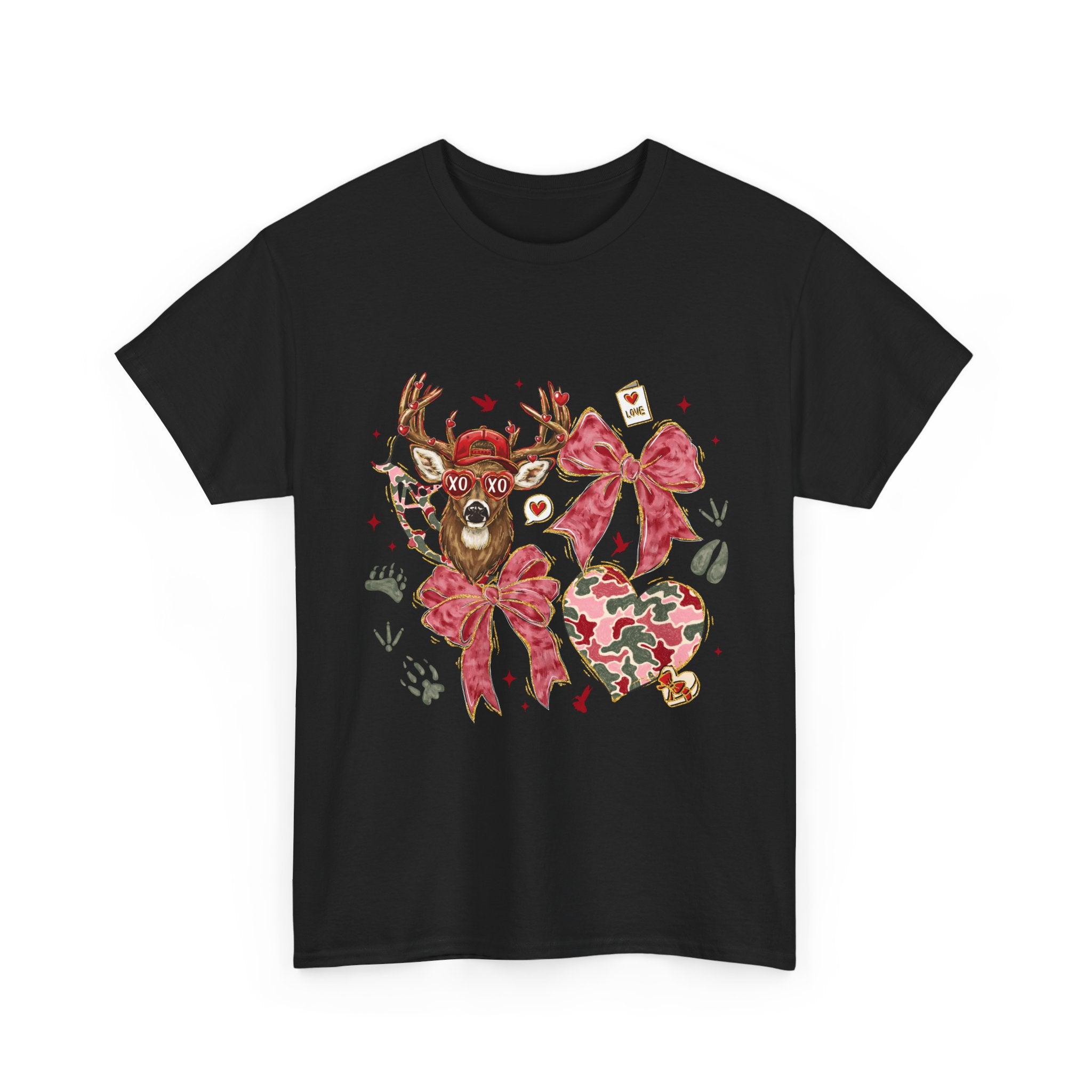 Valentine Reindeer Heart T-Shirt — Cute Floral Bow Love Graphic Tee