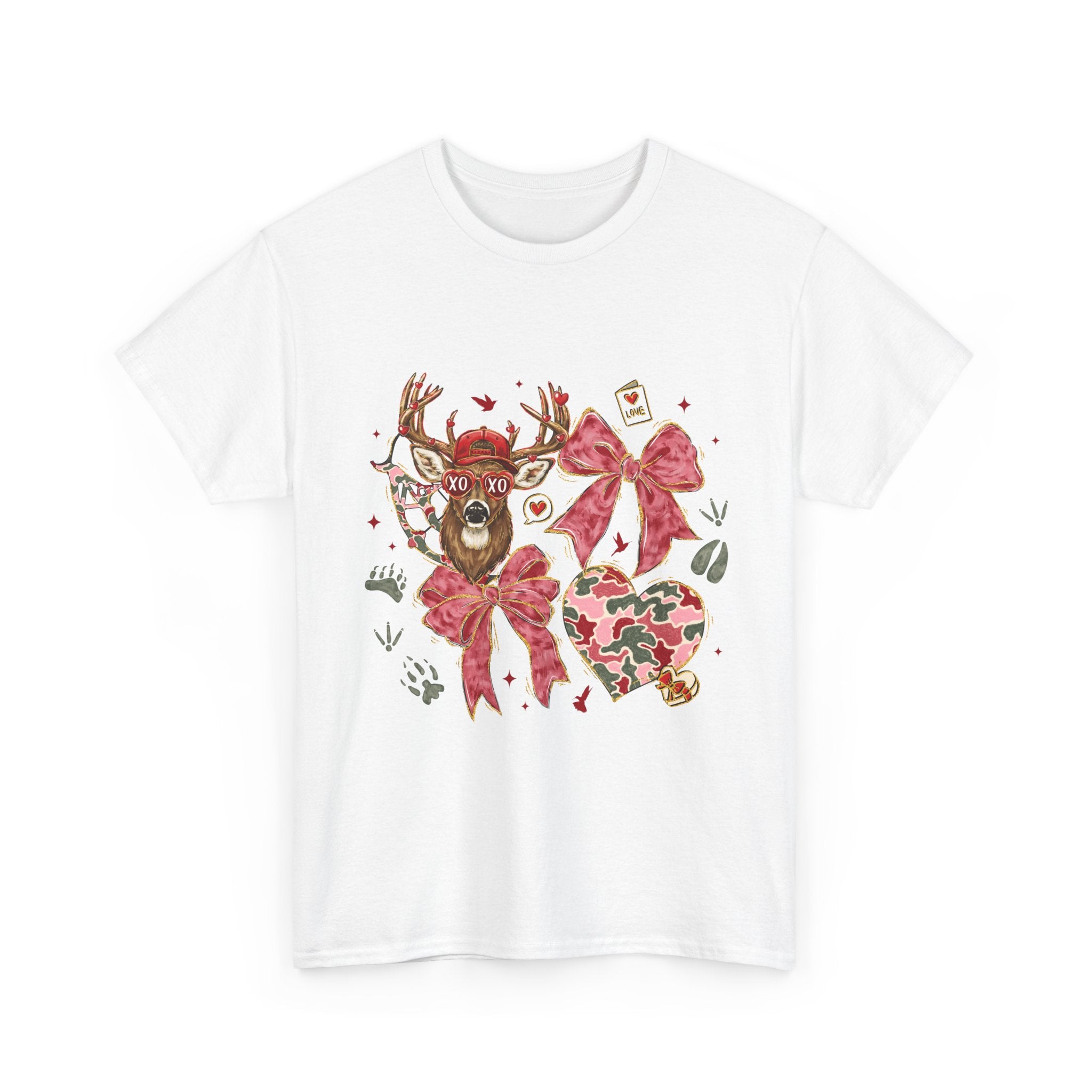 Valentine Reindeer Heart T-Shirt — Cute Floral Bow Love Graphic Tee