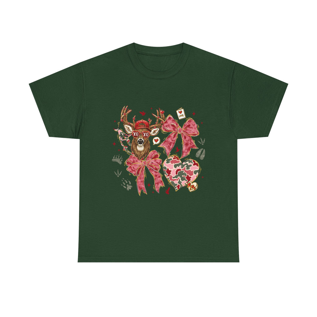 Valentine Reindeer Heart T-Shirt — Cute Floral Bow Love Graphic Tee