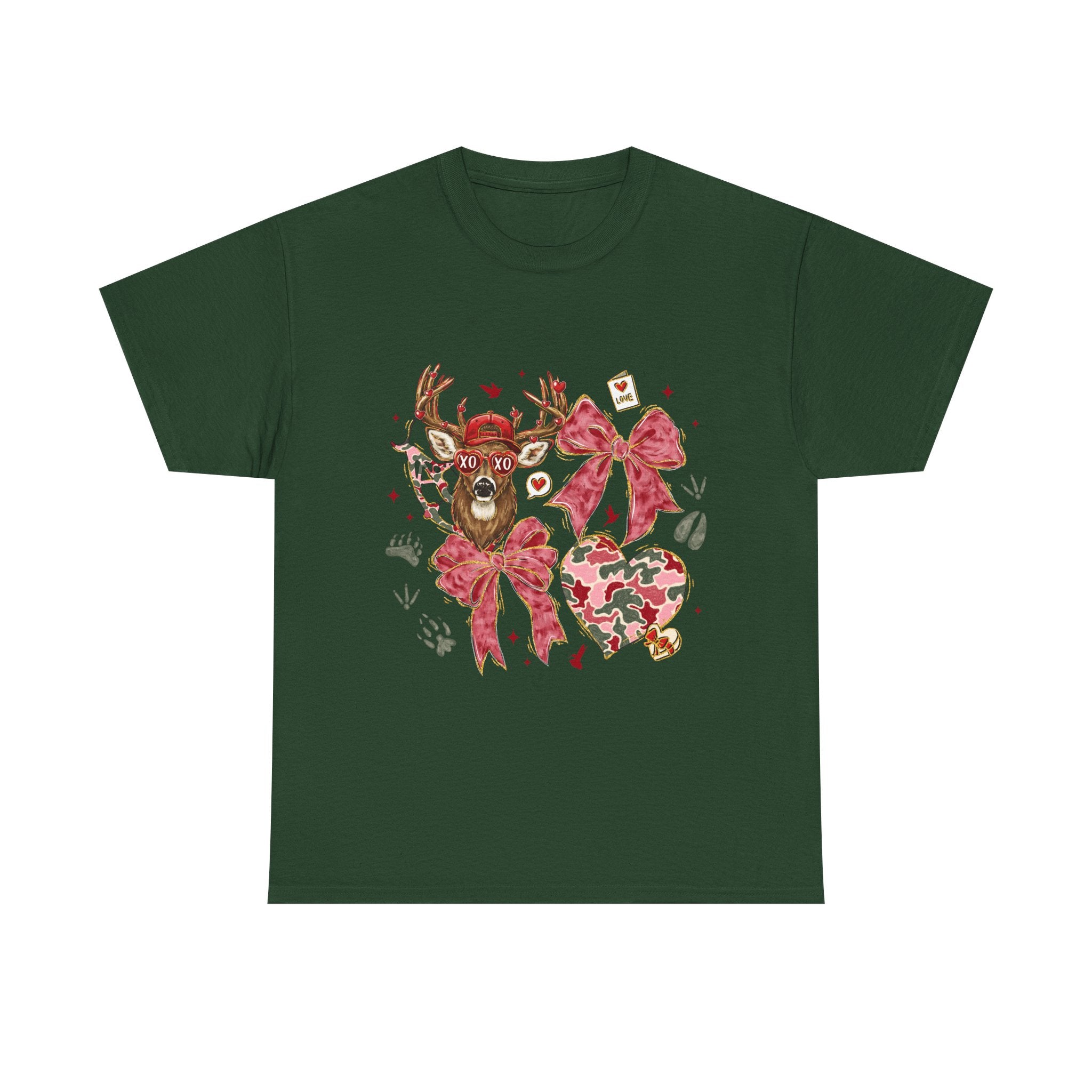 Valentine Reindeer Heart T-Shirt — Cute Floral Bow Love Graphic Tee