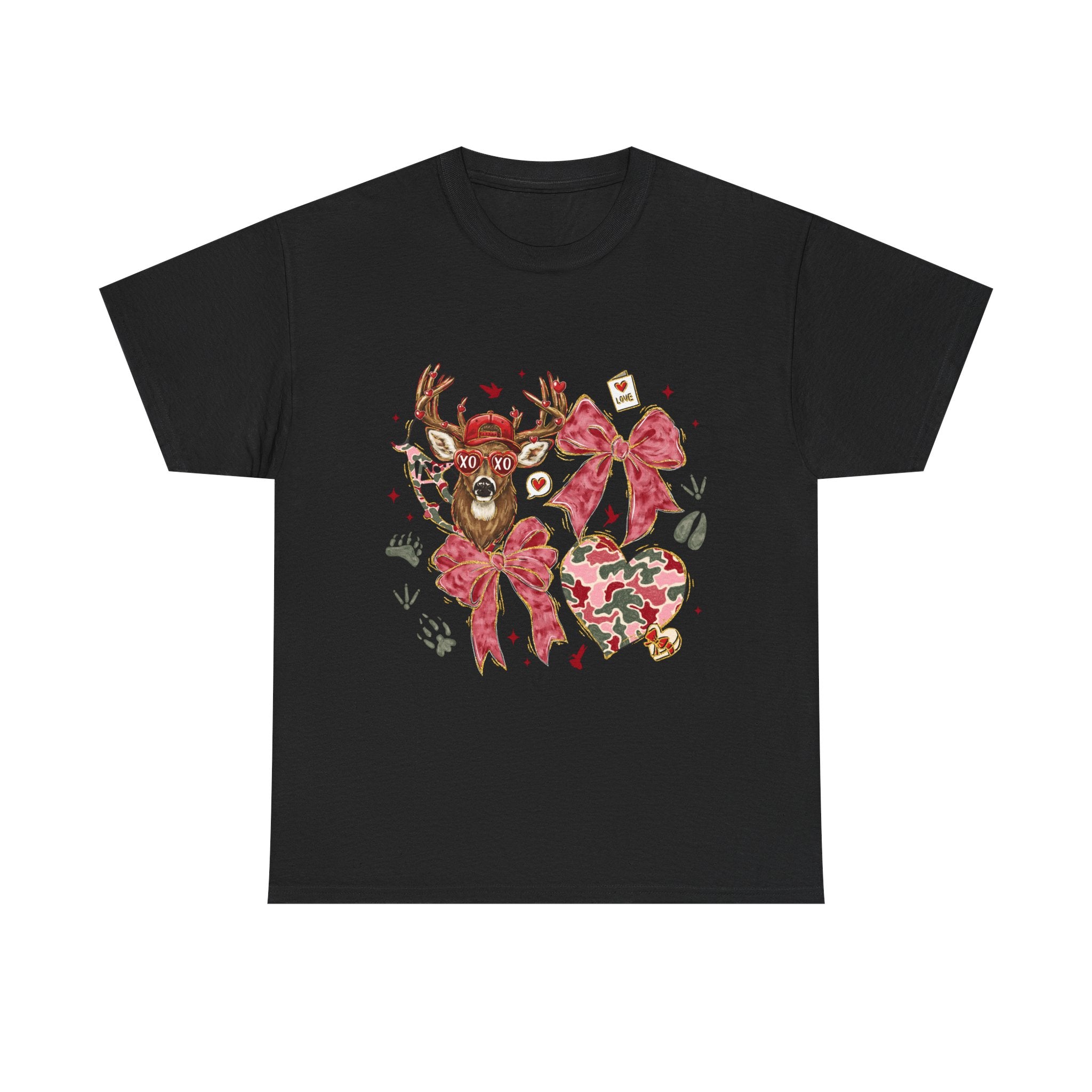 Valentine Reindeer Heart T-Shirt — Cute Floral Bow Love Graphic Tee