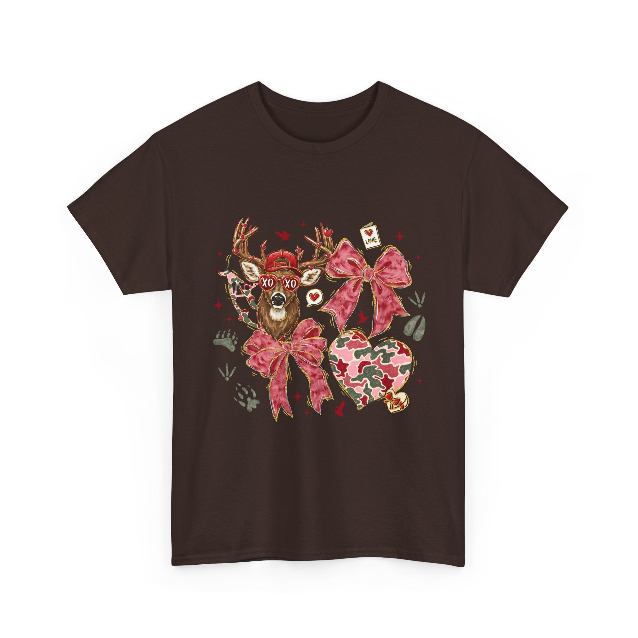 Valentine Reindeer Heart T-Shirt — Cute Floral Bow Love Graphic Tee