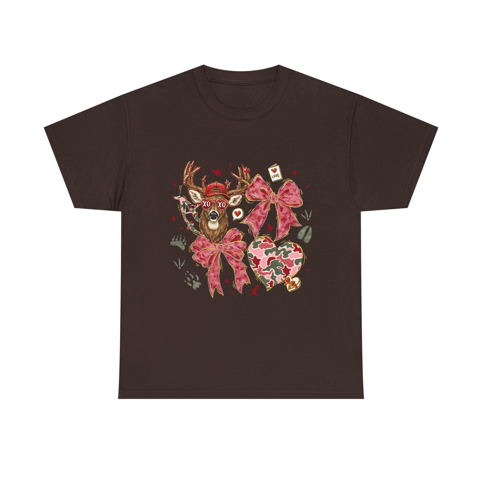 Valentine Reindeer Heart T-Shirt — Cute Floral Bow Love Graphic Tee