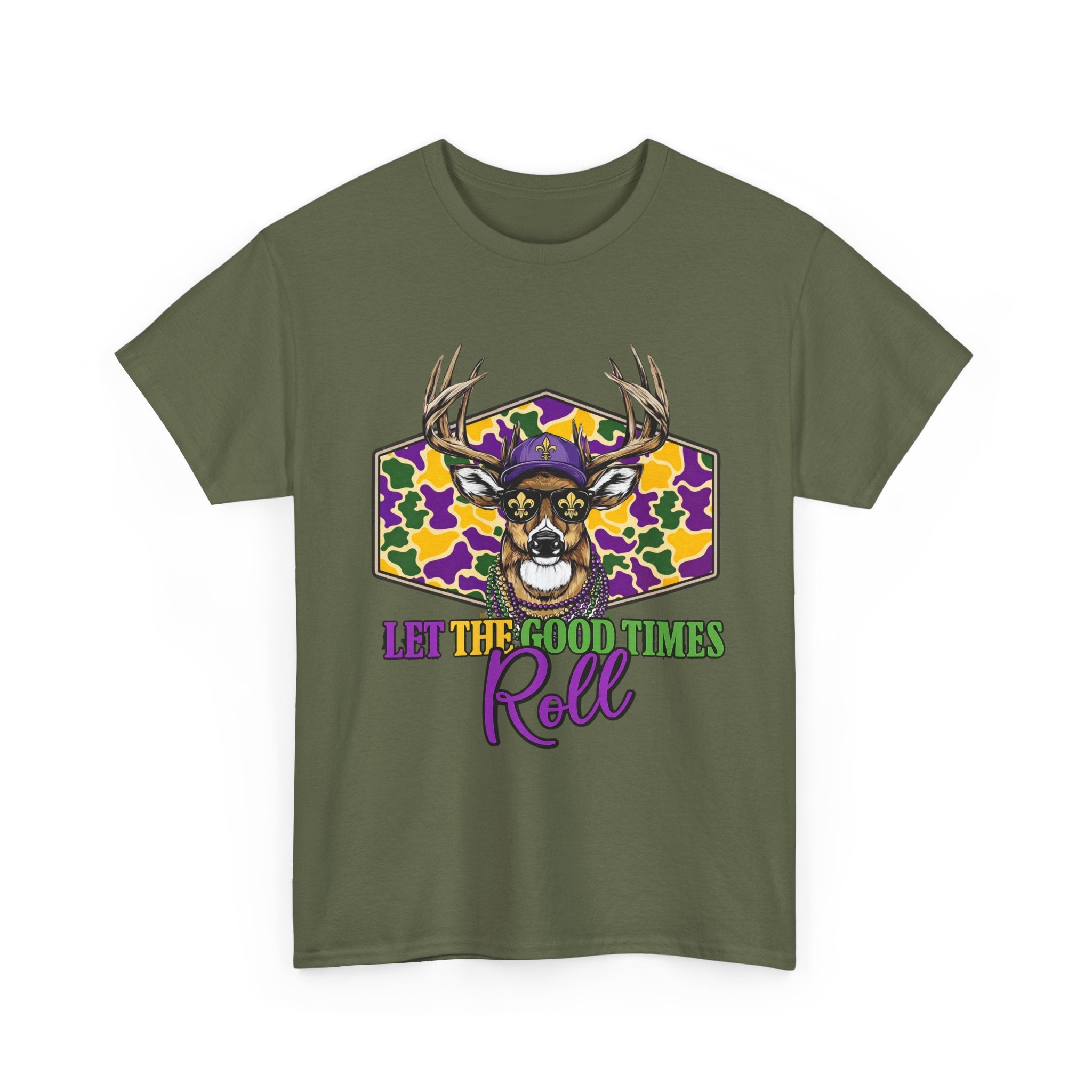 Mardi Gras Deer Tee — "Let the Good Times Roll" Cajun Party T-Shirt