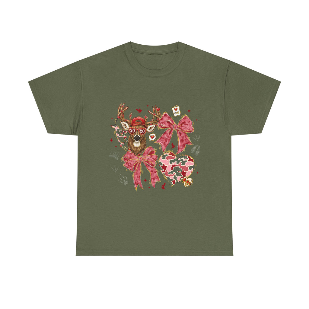 Valentine Reindeer Heart T-Shirt — Cute Floral Bow Love Graphic Tee