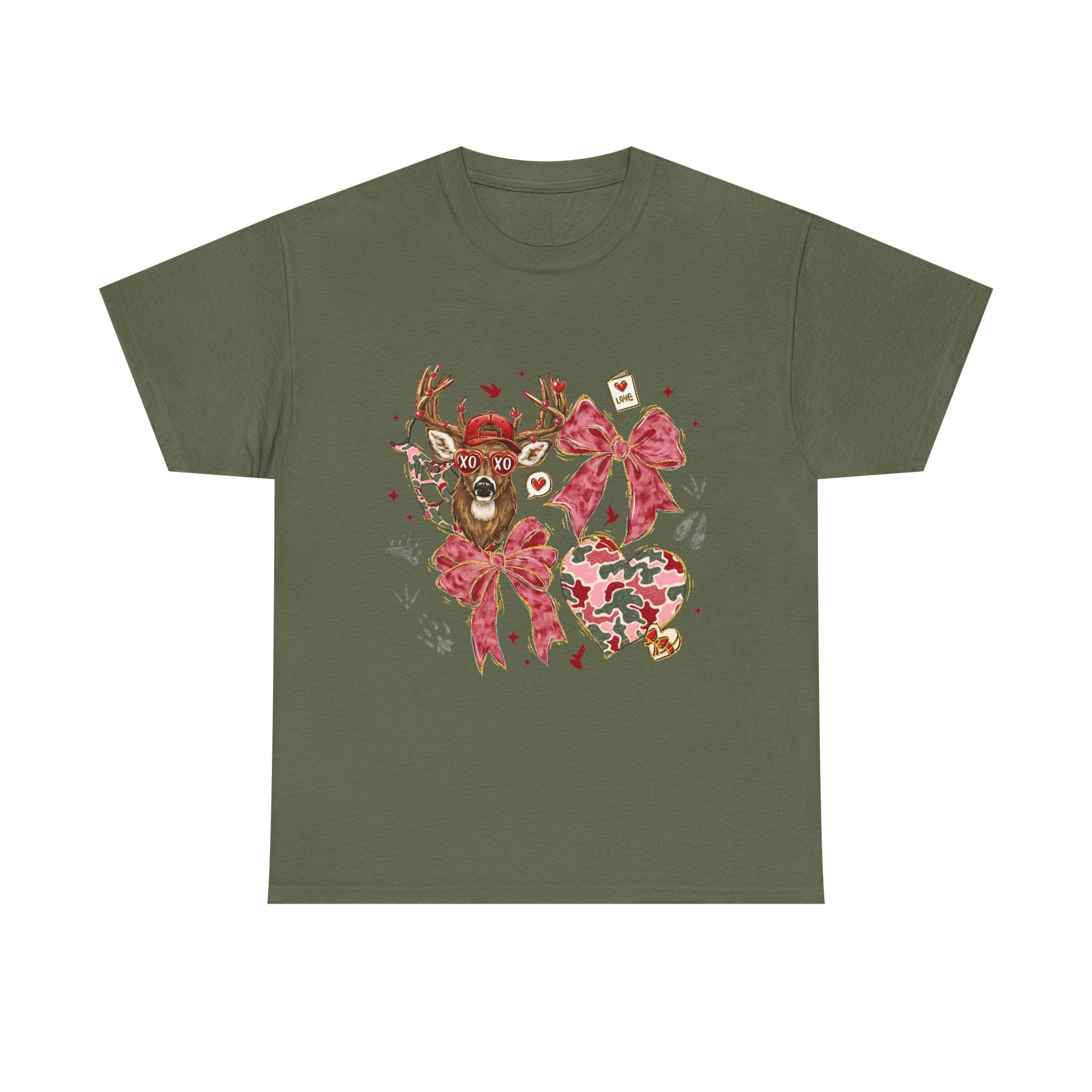 Valentine Reindeer Heart T-Shirt — Cute Floral Bow Love Graphic Tee