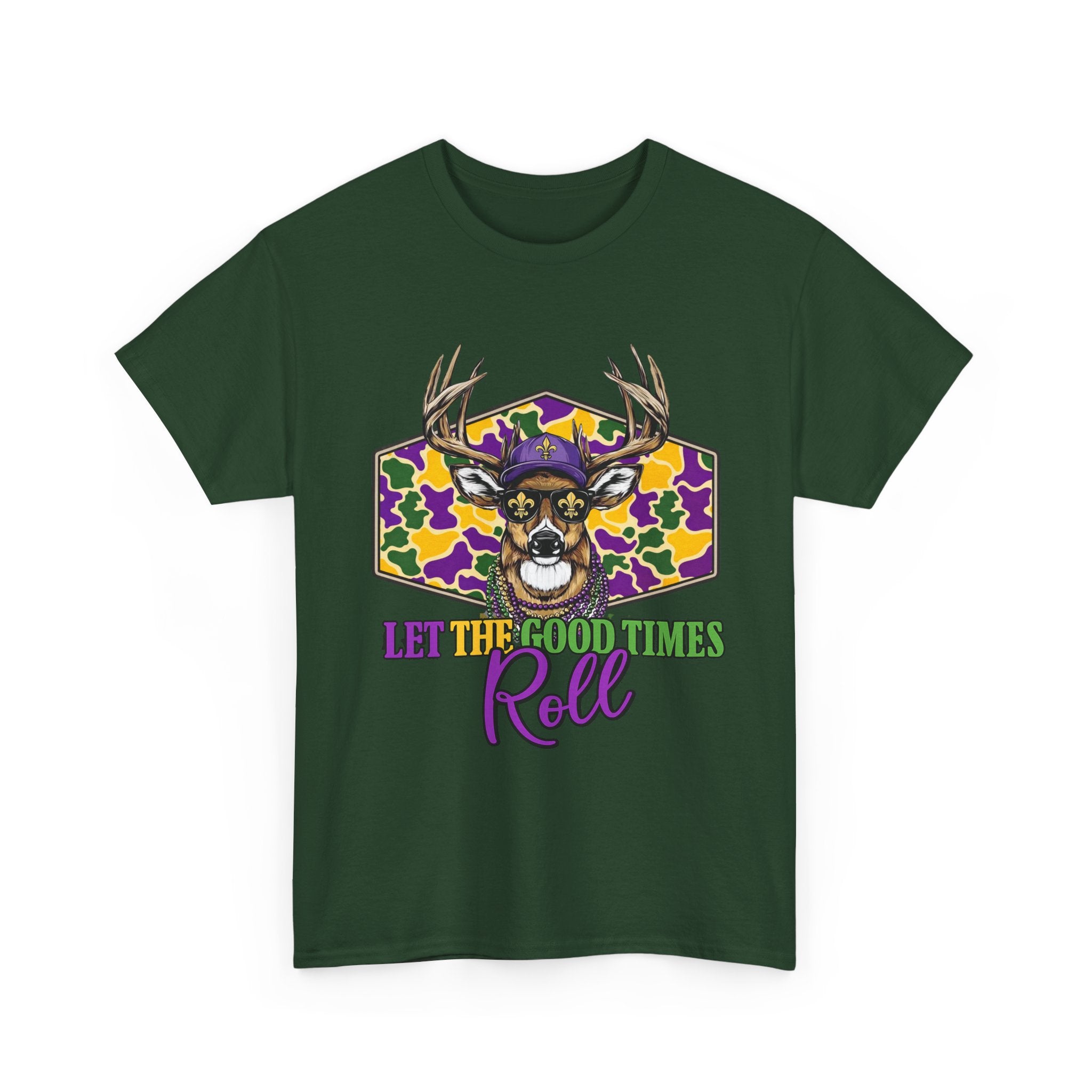 Mardi Gras Deer Tee — "Let the Good Times Roll" Cajun Party T-Shirt