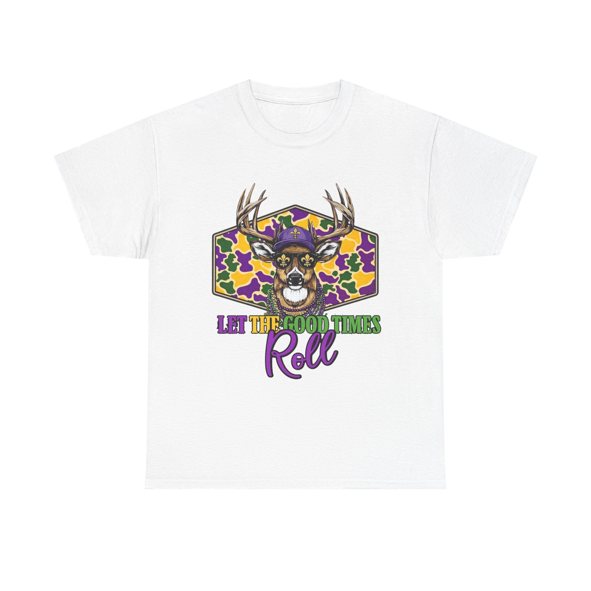 Mardi Gras Deer Tee — "Let the Good Times Roll" Cajun Party T-Shirt