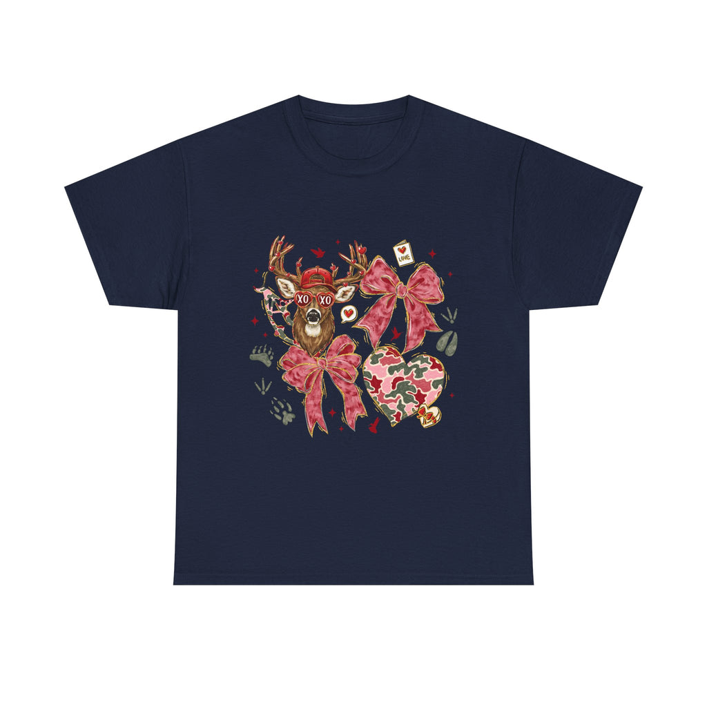 Valentine Reindeer Heart T-Shirt — Cute Floral Bow Love Graphic Tee