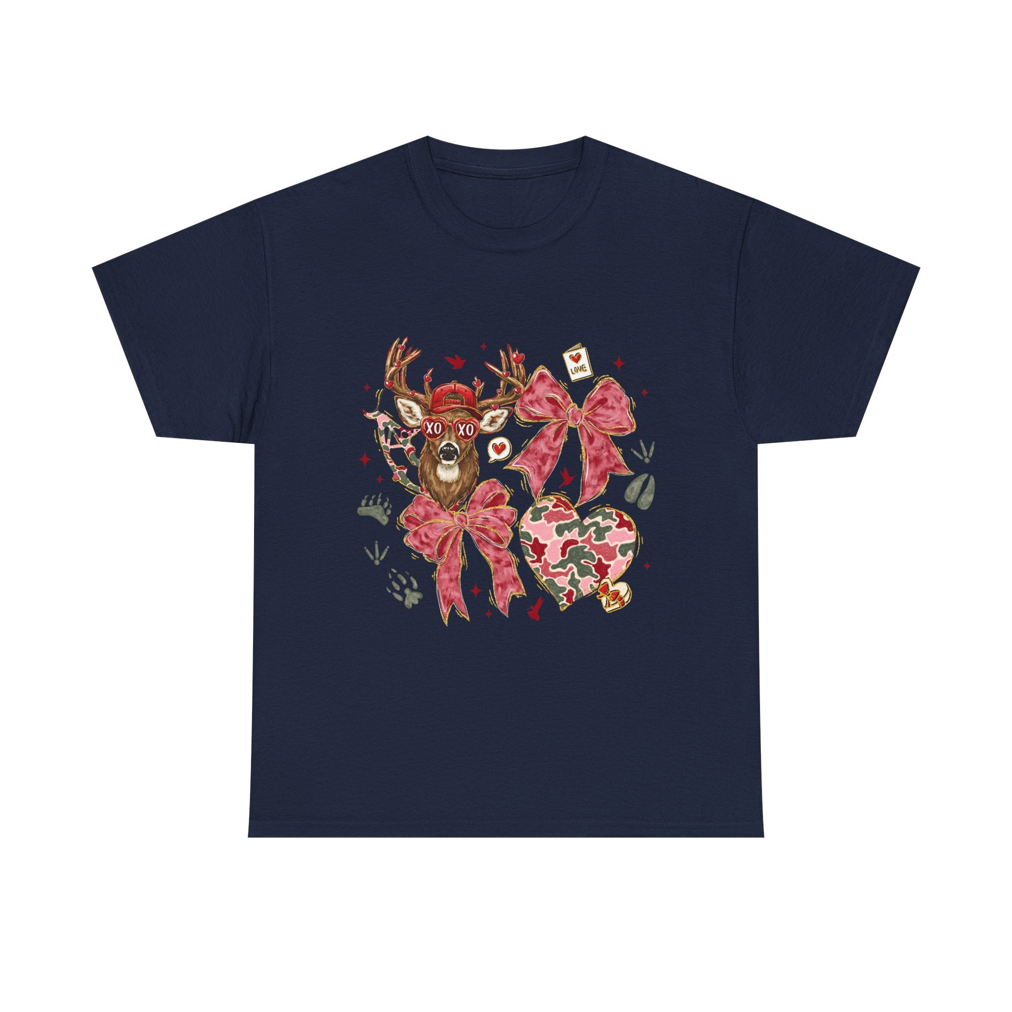 Valentine Reindeer Heart T-Shirt — Cute Floral Bow Love Graphic Tee