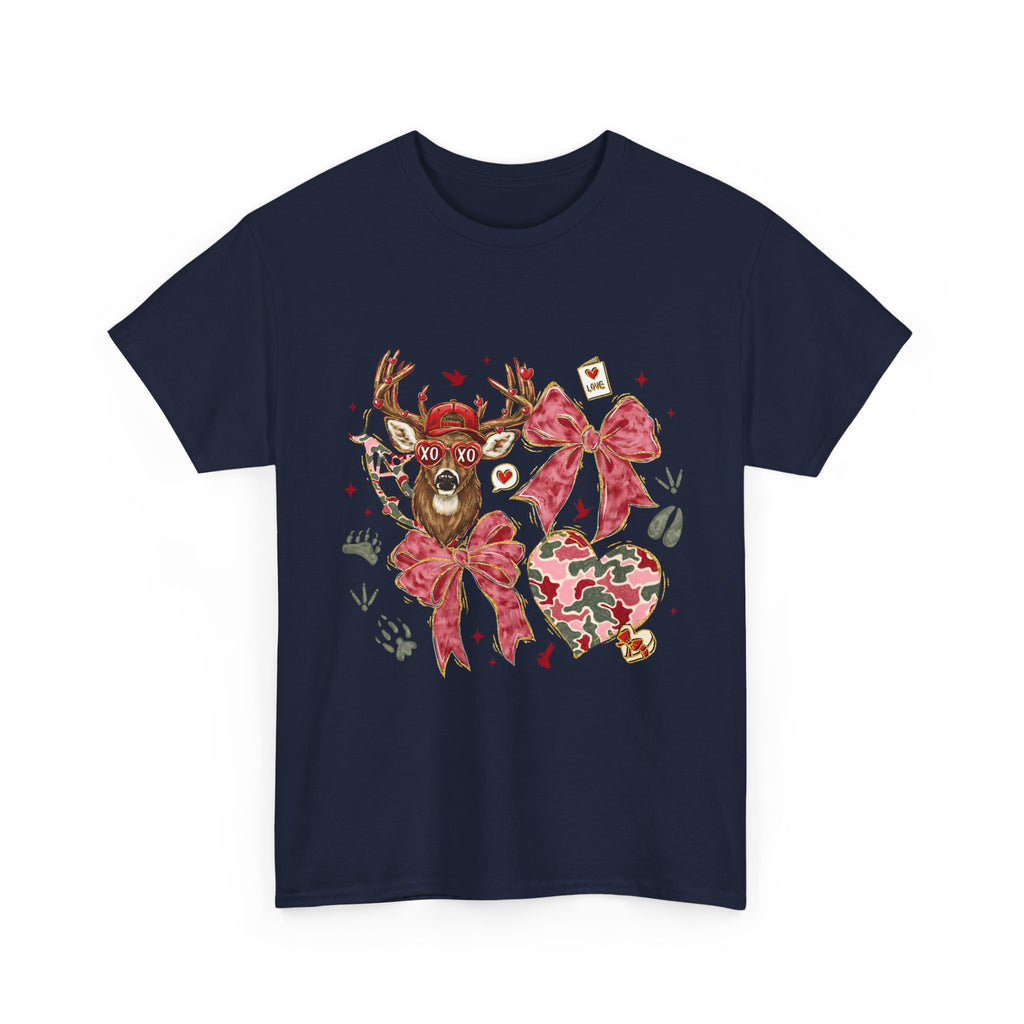 Valentine Reindeer Heart T-Shirt — Cute Floral Bow Love Graphic Tee
