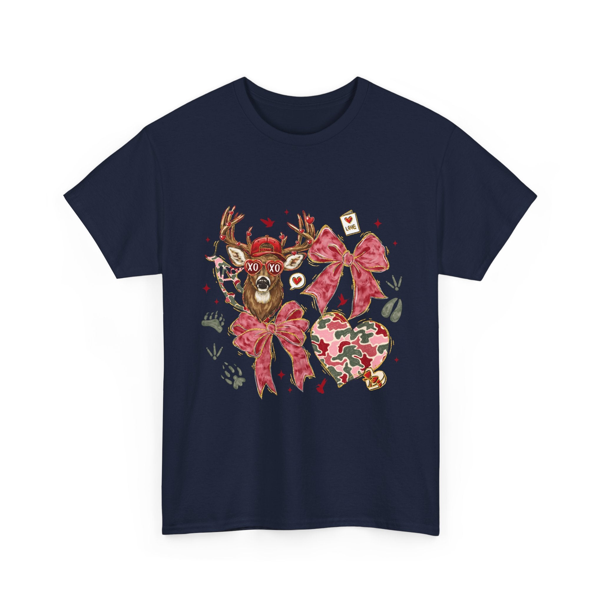 Valentine Reindeer Heart T-Shirt — Cute Floral Bow Love Graphic Tee