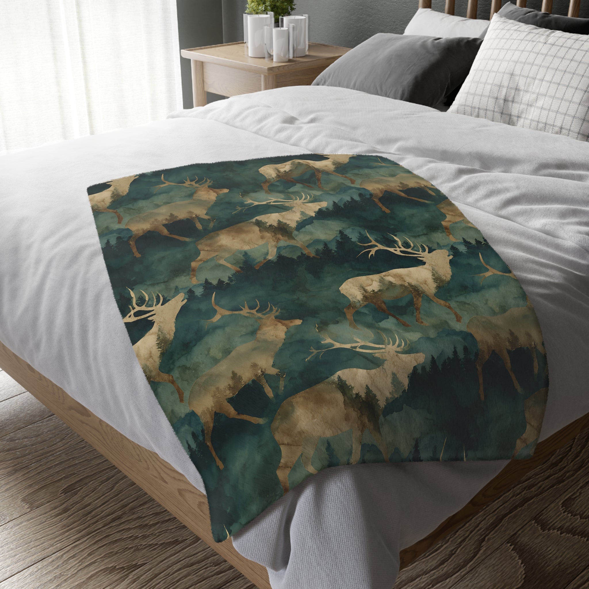 Rustic Elk Forest Velvet Microfiber Blanket — Two-Sided Deer Print, Cozy Cabin Throw