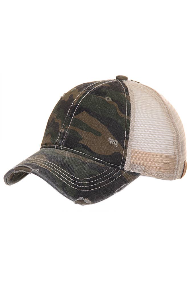 Camouflage distressed vintage style ponytail cap