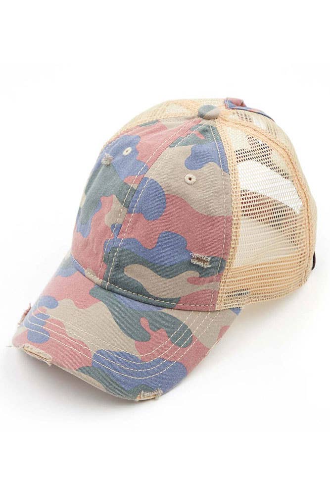 Camouflage distressed vintage style ponytail cap