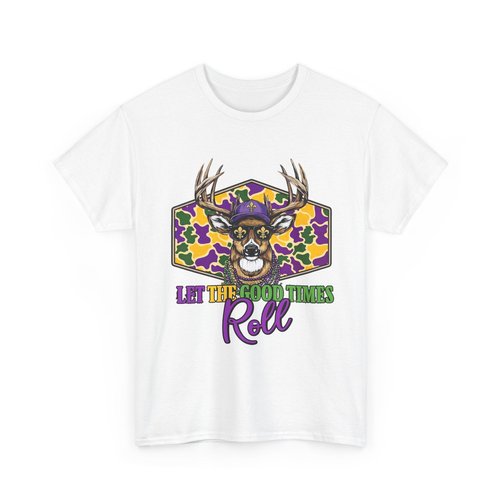 Mardi Gras Deer Tee — "Let the Good Times Roll" Cajun Party T-Shirt
