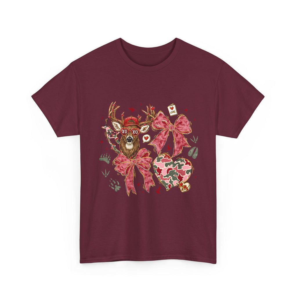 Valentine Reindeer Heart T-Shirt — Cute Floral Bow Love Graphic Tee