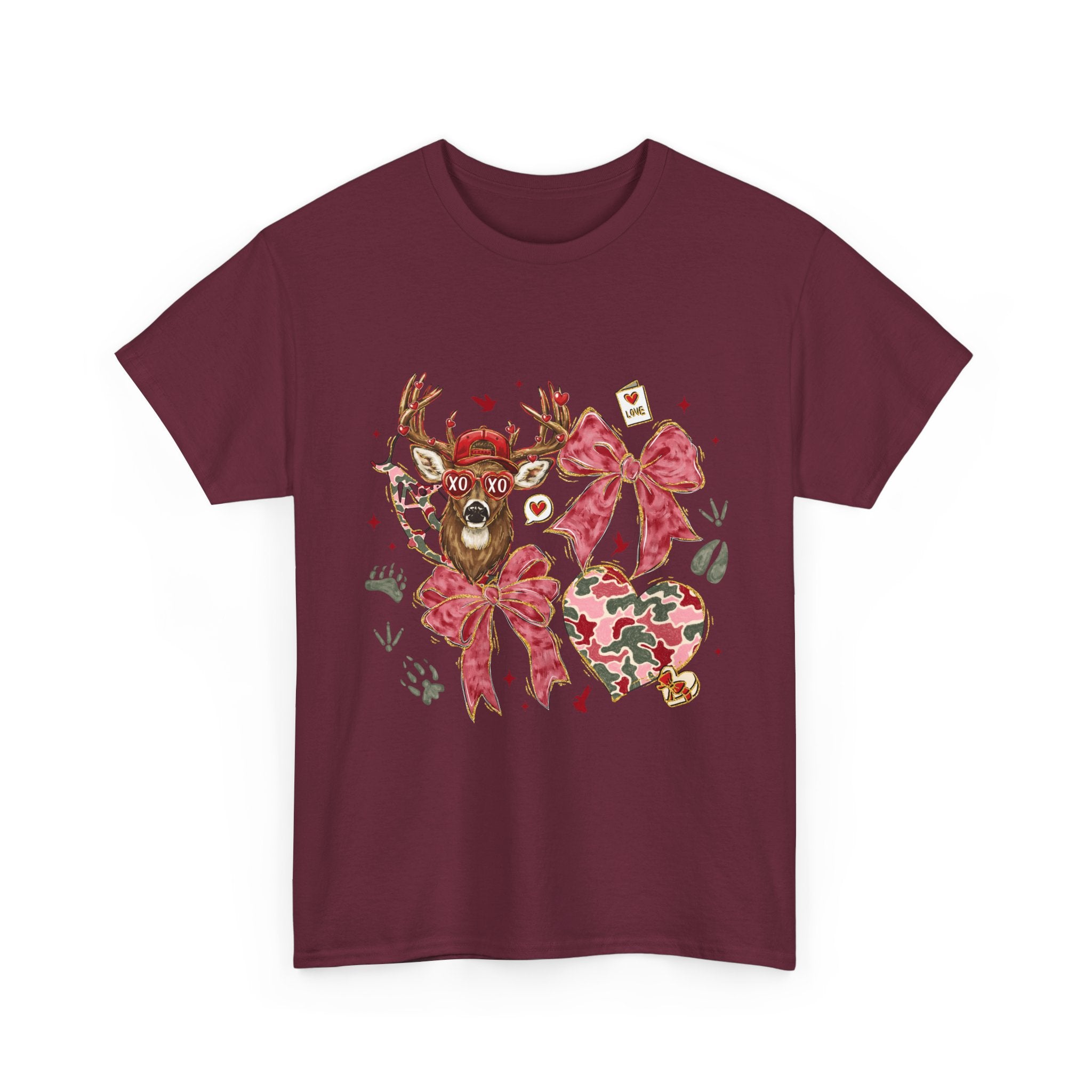 Valentine Reindeer Heart T-Shirt — Cute Floral Bow Love Graphic Tee