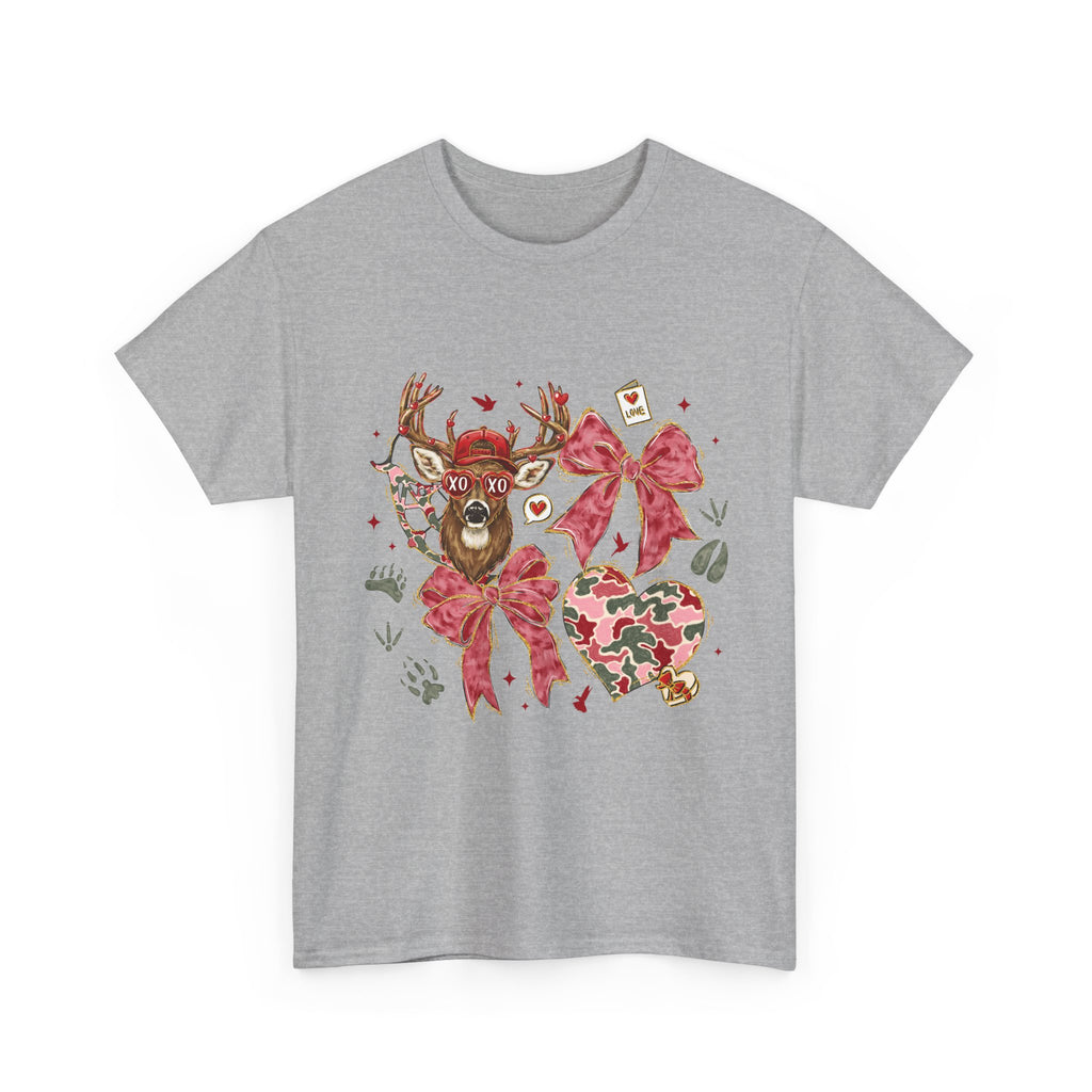 Valentine Reindeer Heart T-Shirt — Cute Floral Bow Love Graphic Tee