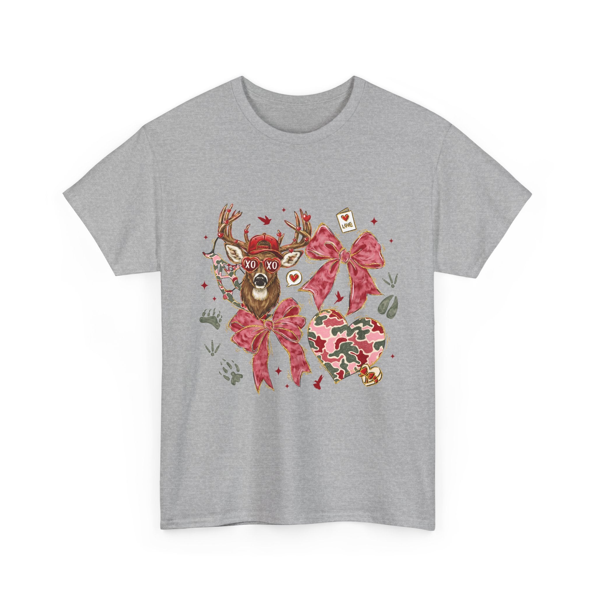 Valentine Reindeer Heart T-Shirt — Cute Floral Bow Love Graphic Tee