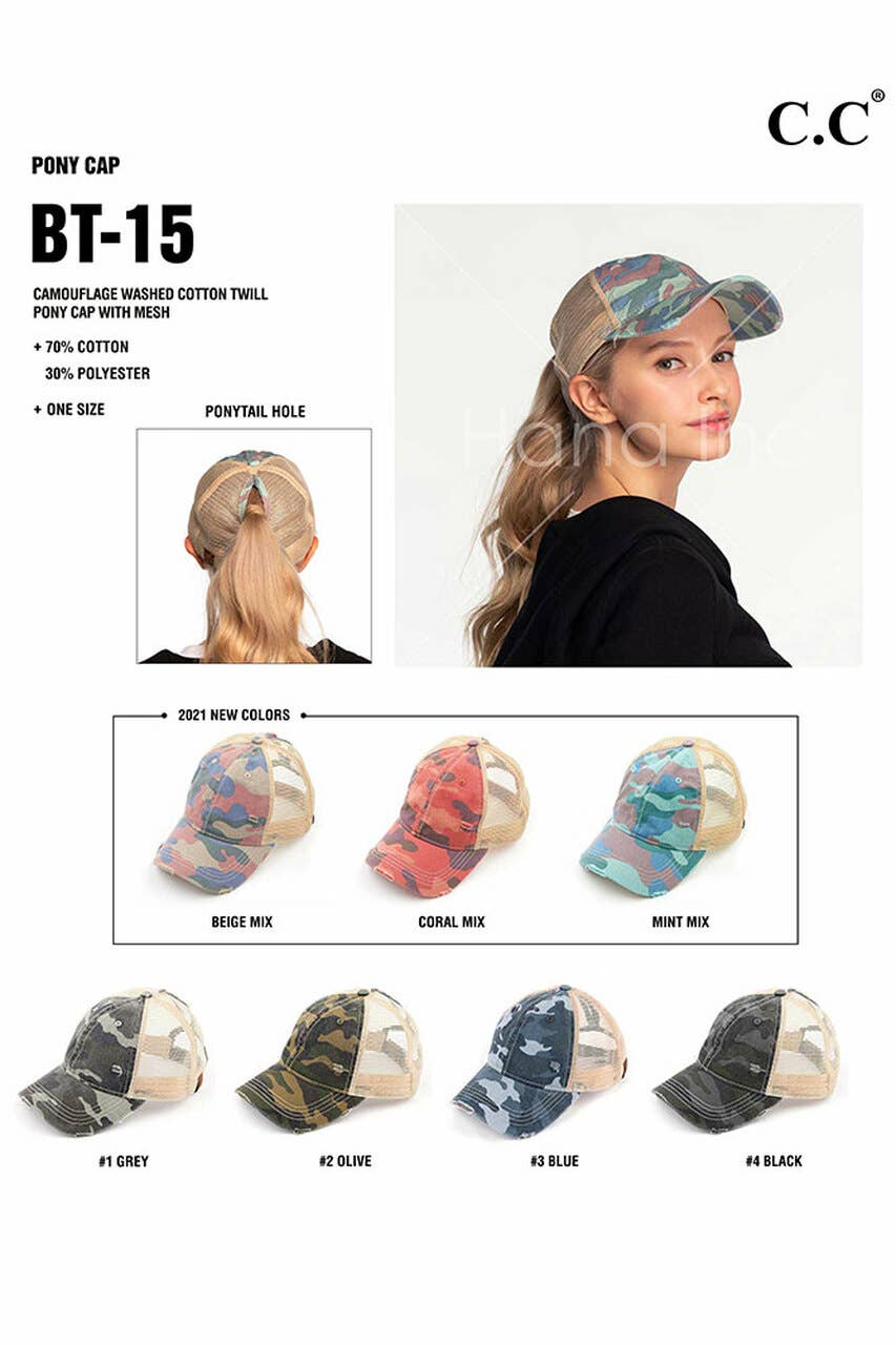 Camouflage distressed vintage style ponytail cap