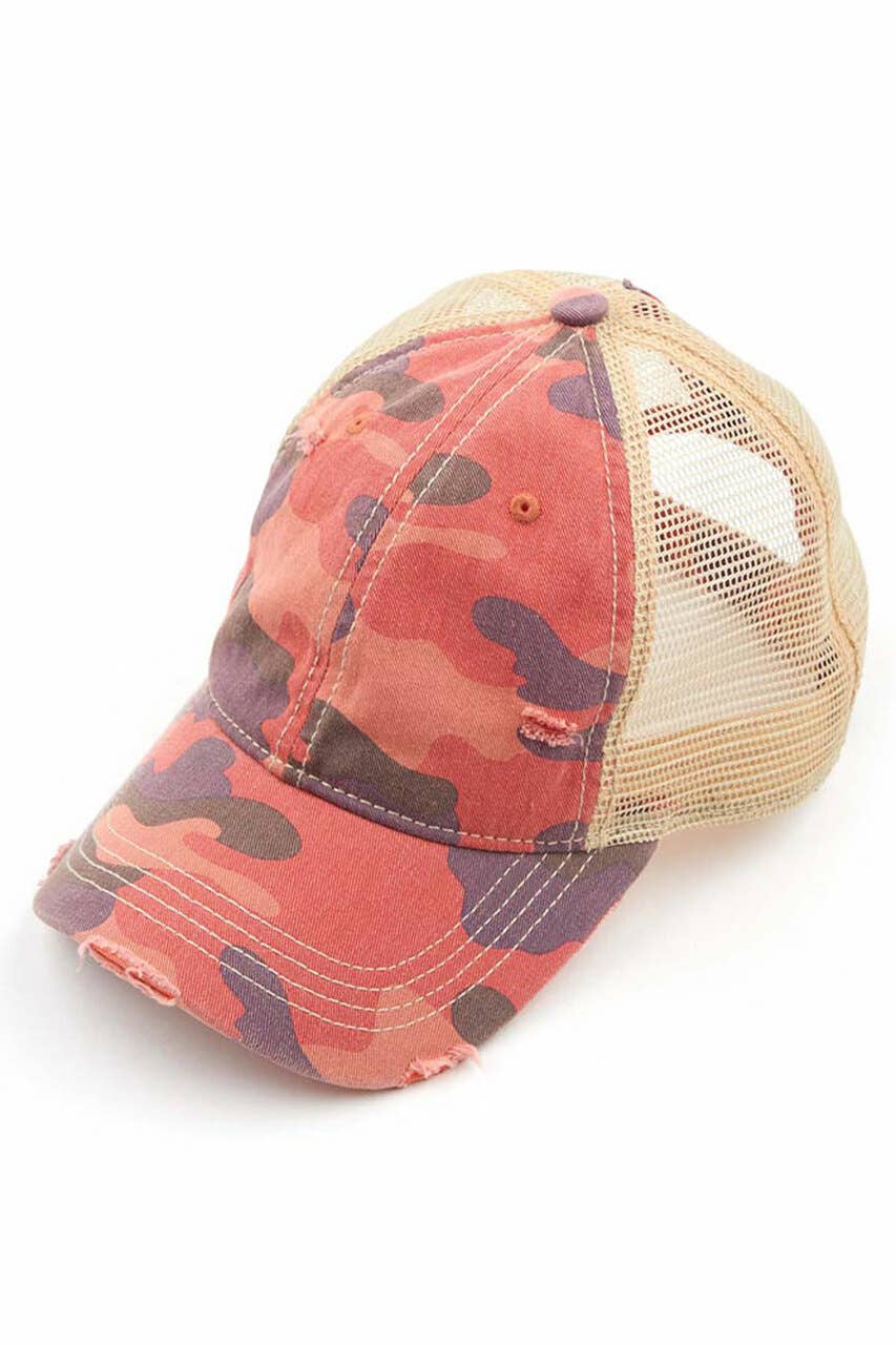 Camouflage distressed vintage style ponytail cap