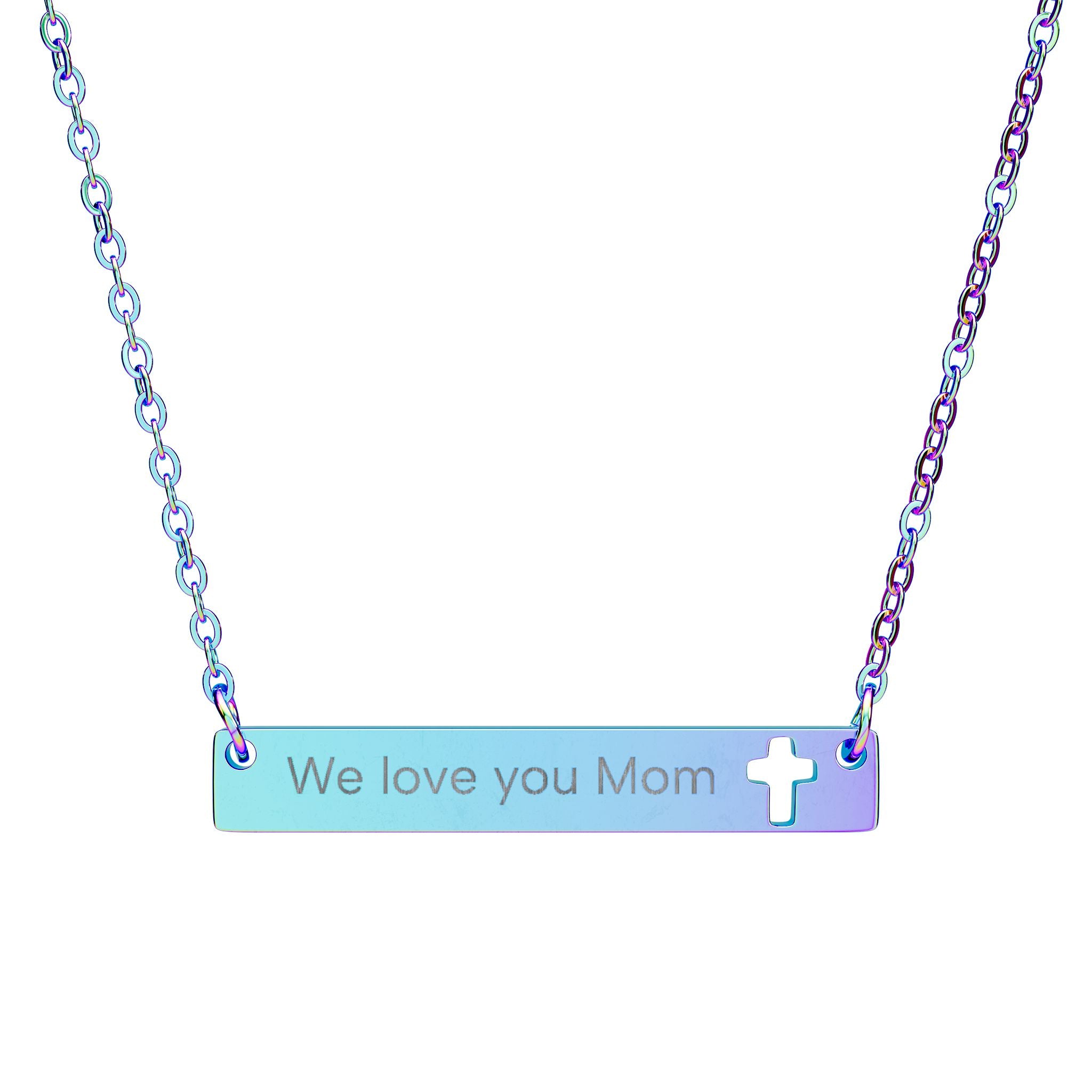 Engravable Cutout Cross Bar Necklace — "We love you Mom"