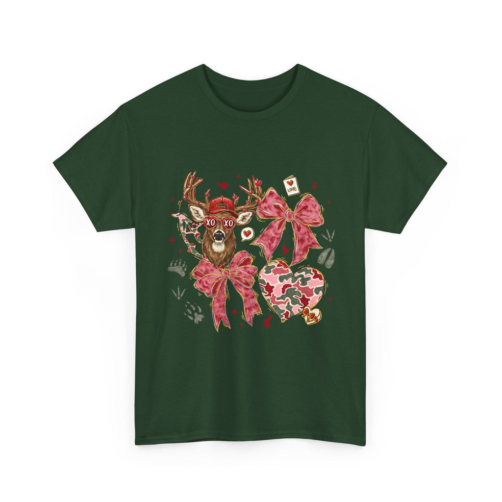 Valentine Reindeer Heart T-Shirt — Cute Floral Bow Love Graphic Tee
