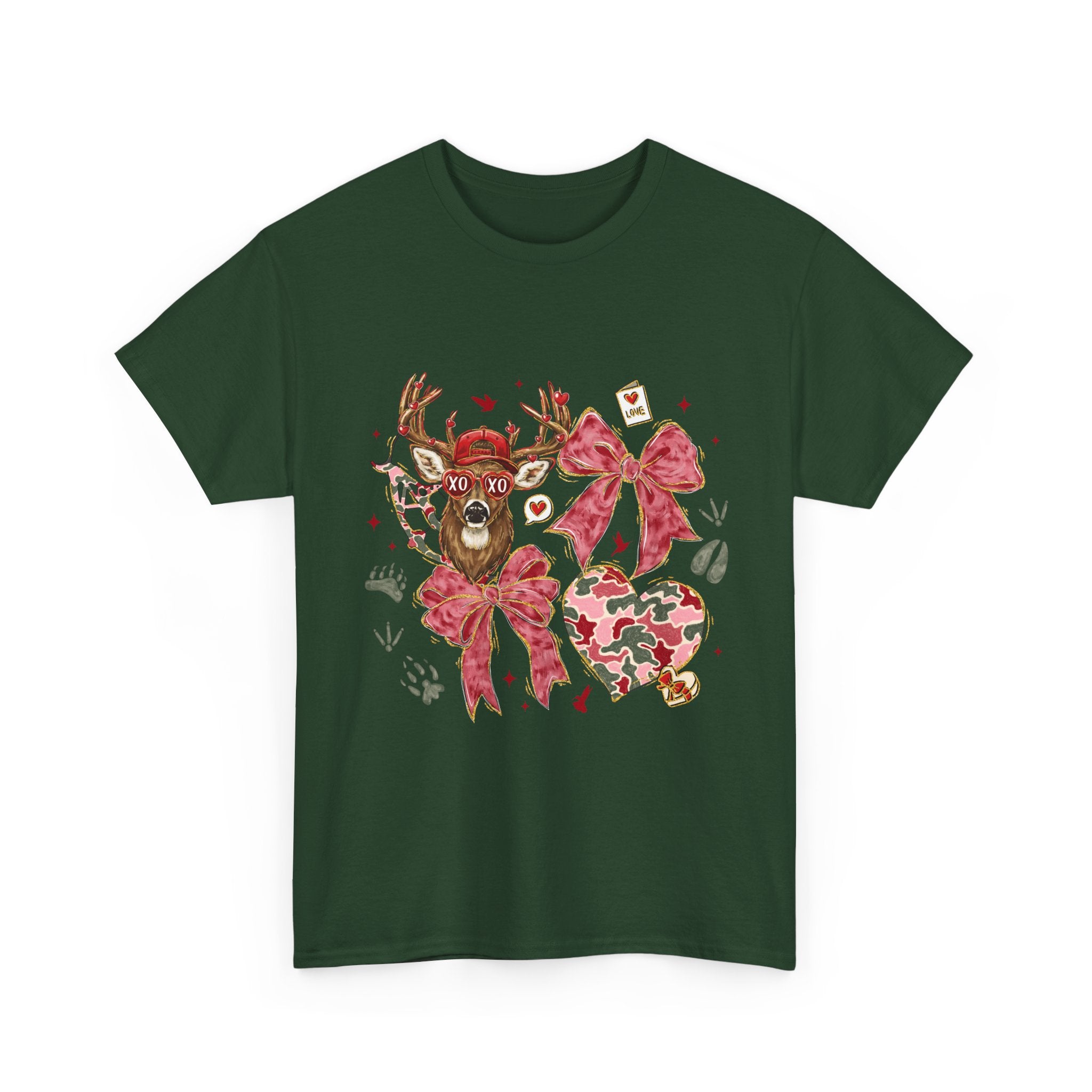 Valentine Reindeer Heart T-Shirt — Cute Floral Bow Love Graphic Tee