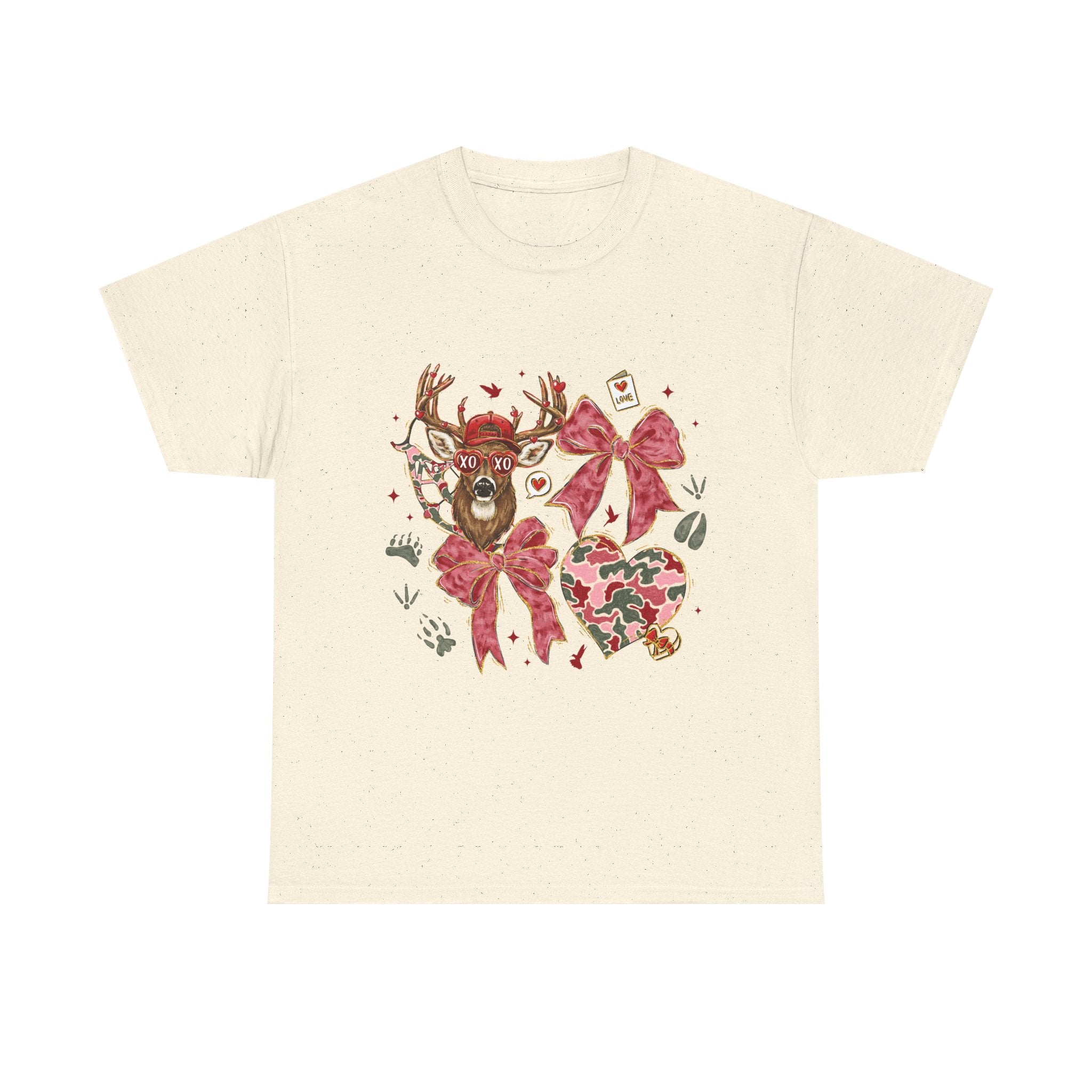 Valentine Reindeer Heart T-Shirt — Cute Floral Bow Love Graphic Tee