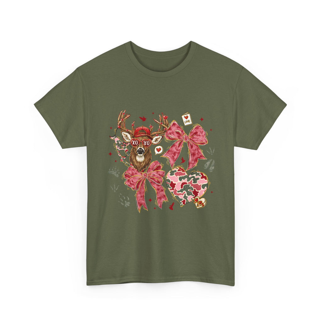 Valentine Reindeer Heart T-Shirt — Cute Floral Bow Love Graphic Tee