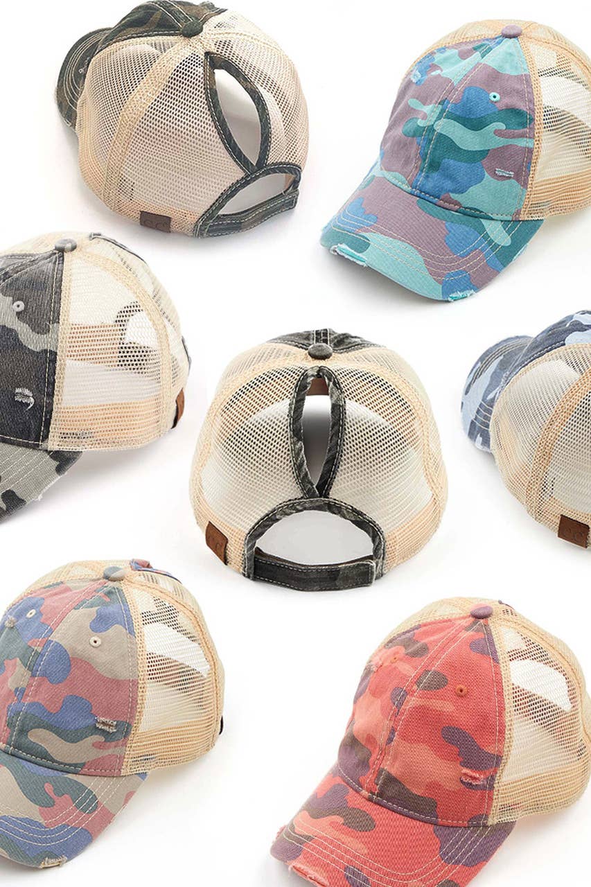 Camouflage distressed vintage style ponytail cap