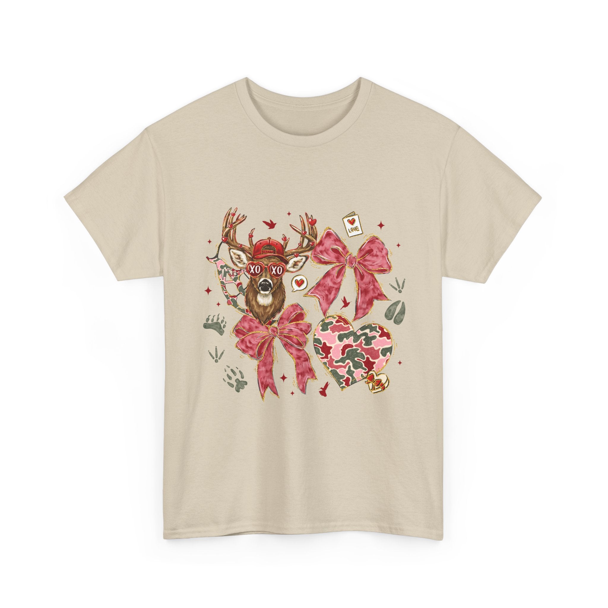 Valentine Reindeer Heart T-Shirt — Cute Floral Bow Love Graphic Tee