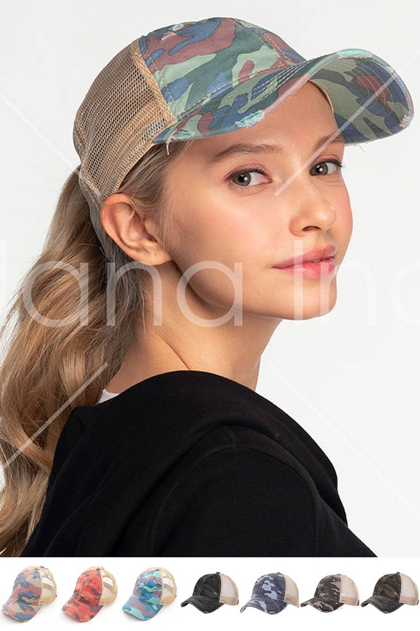 Camouflage distressed vintage style ponytail cap
