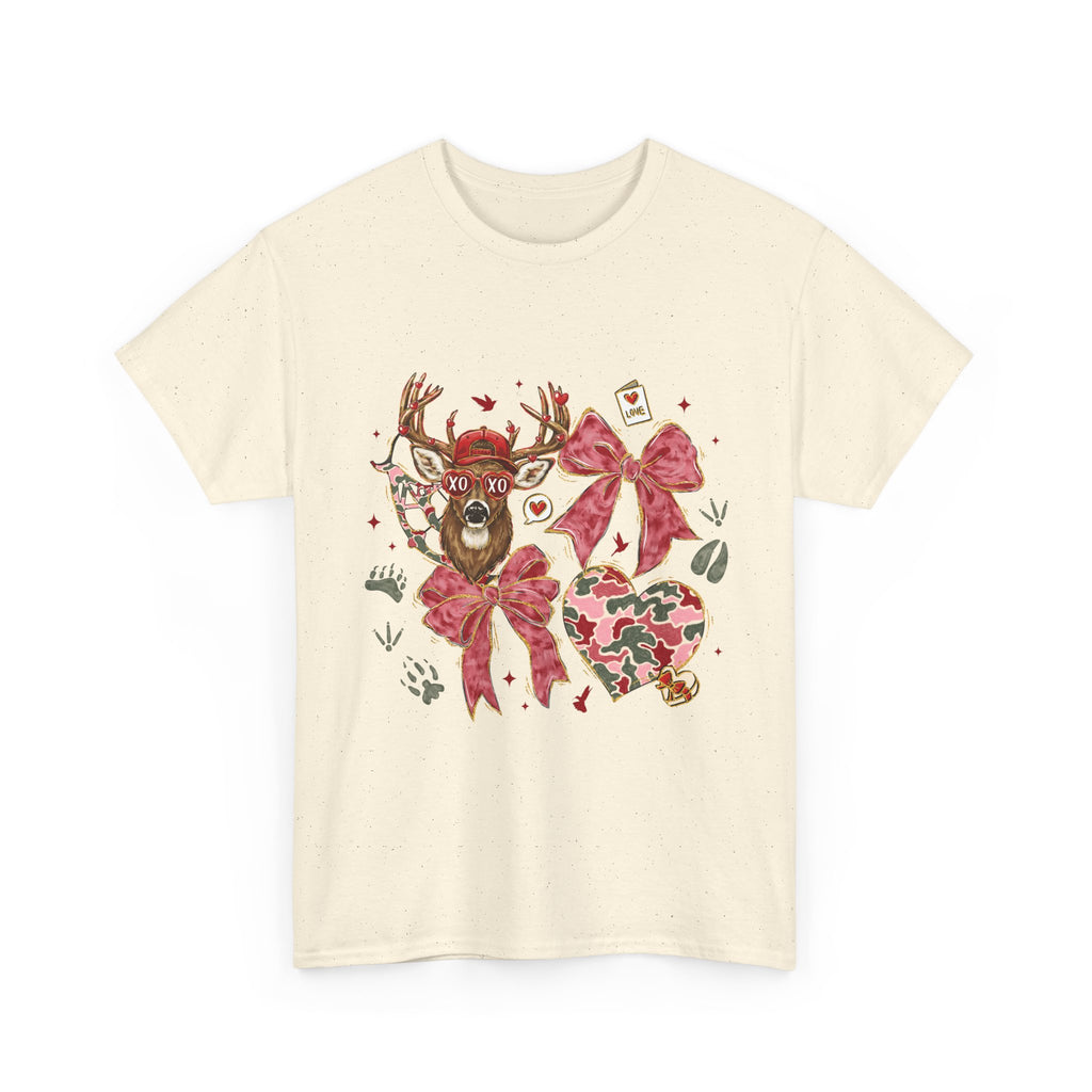 Valentine Reindeer Heart T-Shirt — Cute Floral Bow Love Graphic Tee