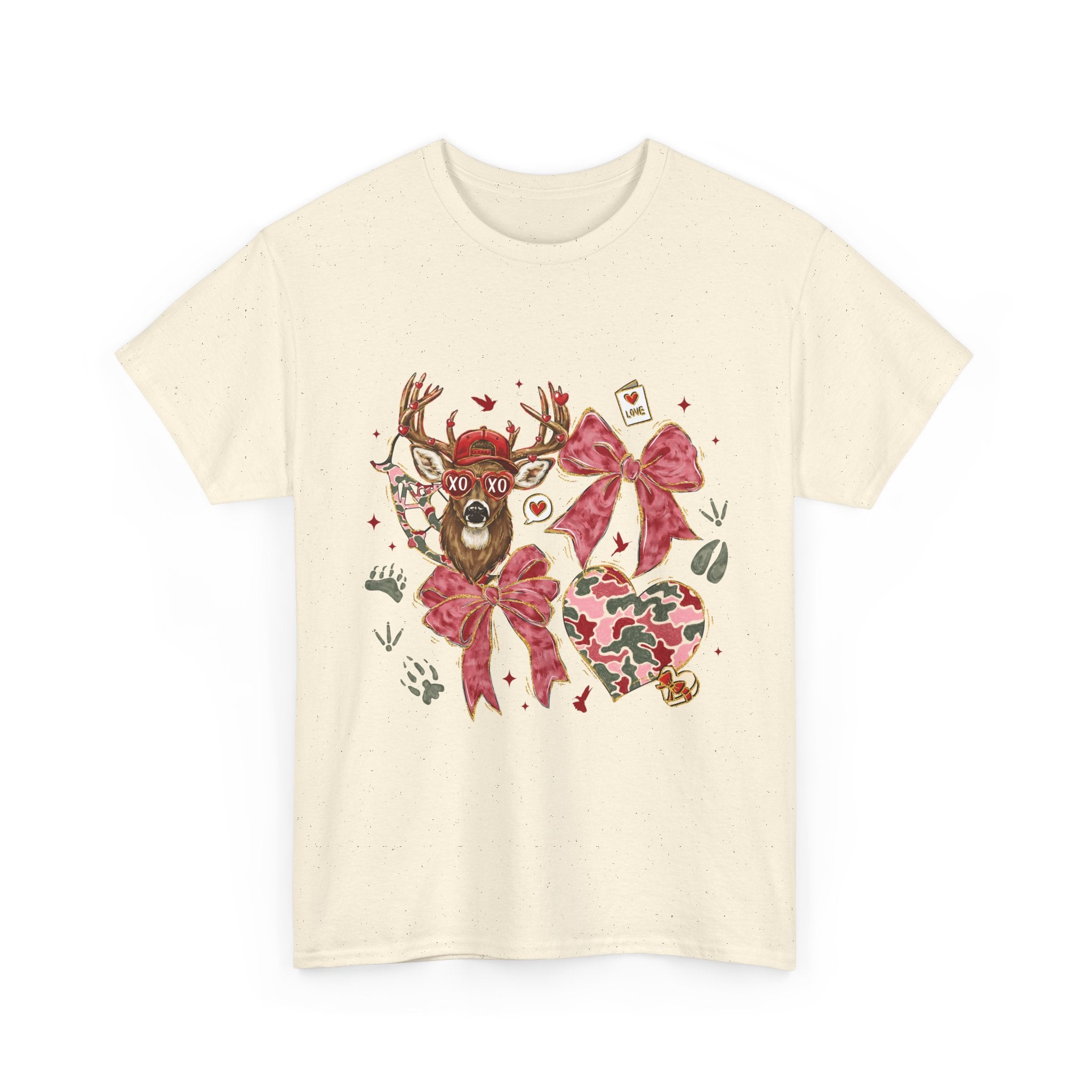 Valentine Reindeer Heart T-Shirt — Cute Floral Bow Love Graphic Tee