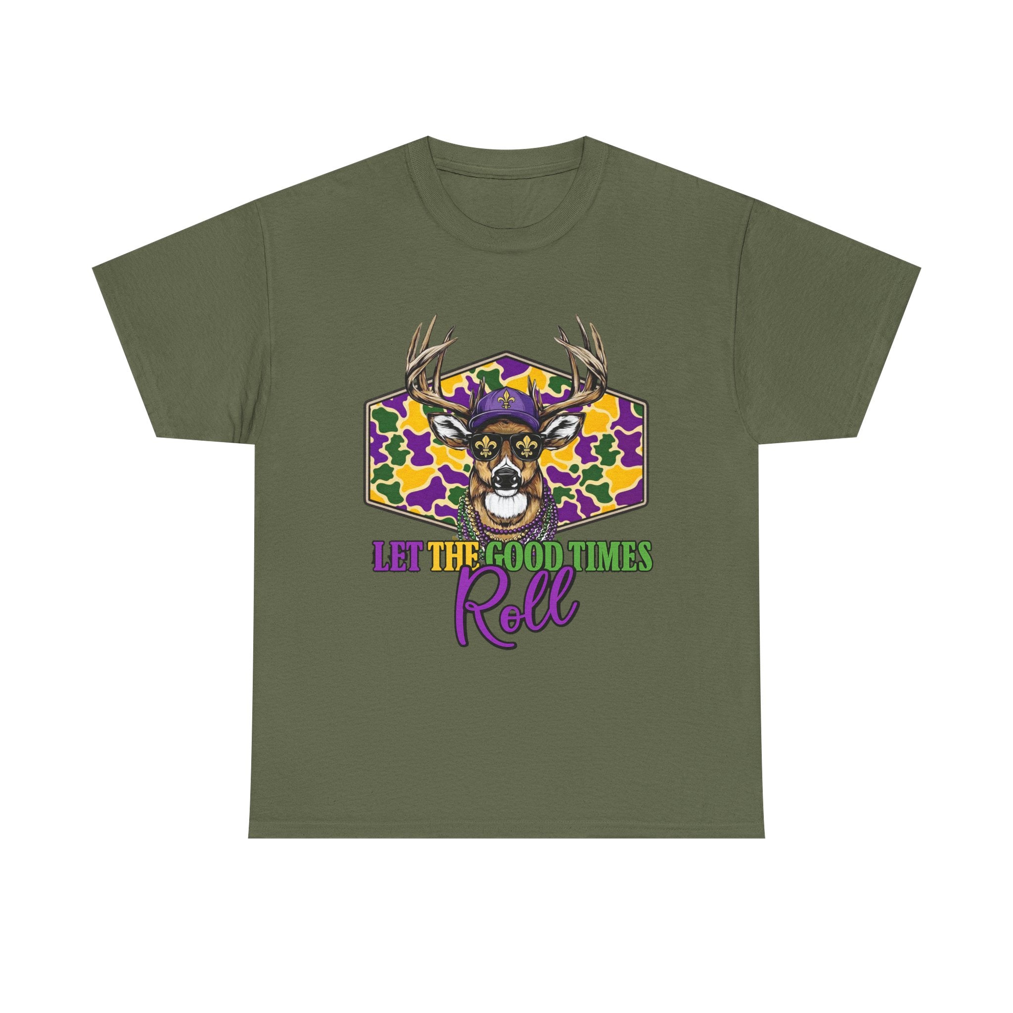 Mardi Gras Deer Tee — "Let the Good Times Roll" Cajun Party T-Shirt