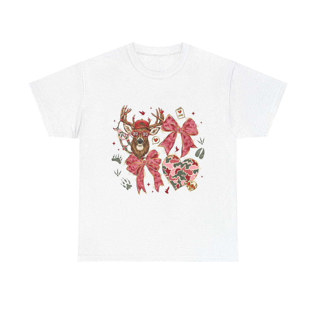 Valentine Reindeer Heart T-Shirt — Cute Floral Bow Love Graphic Tee
