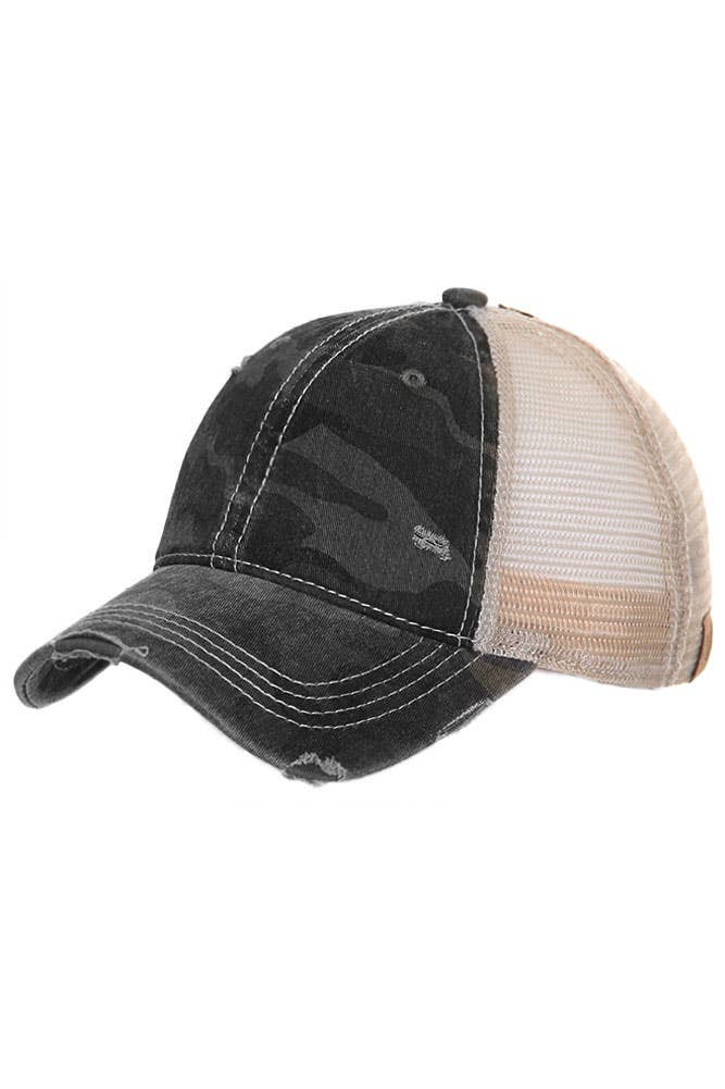Camouflage distressed vintage style ponytail cap