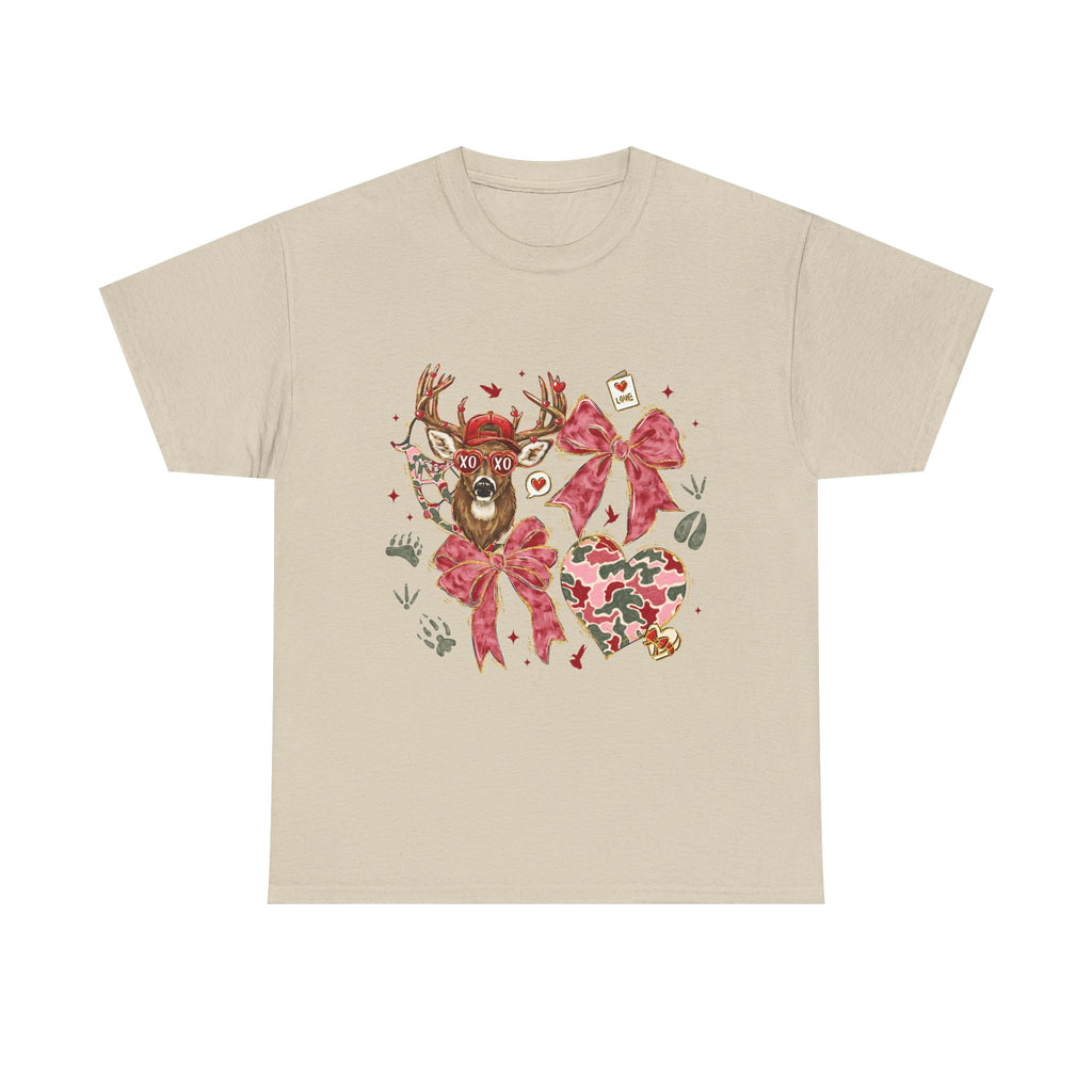 Valentine Reindeer Heart T-Shirt — Cute Floral Bow Love Graphic Tee