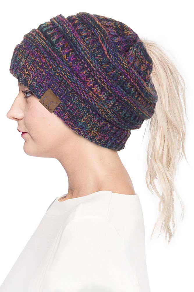 Mix Color Knit Ponytail Messy Bun Beanie