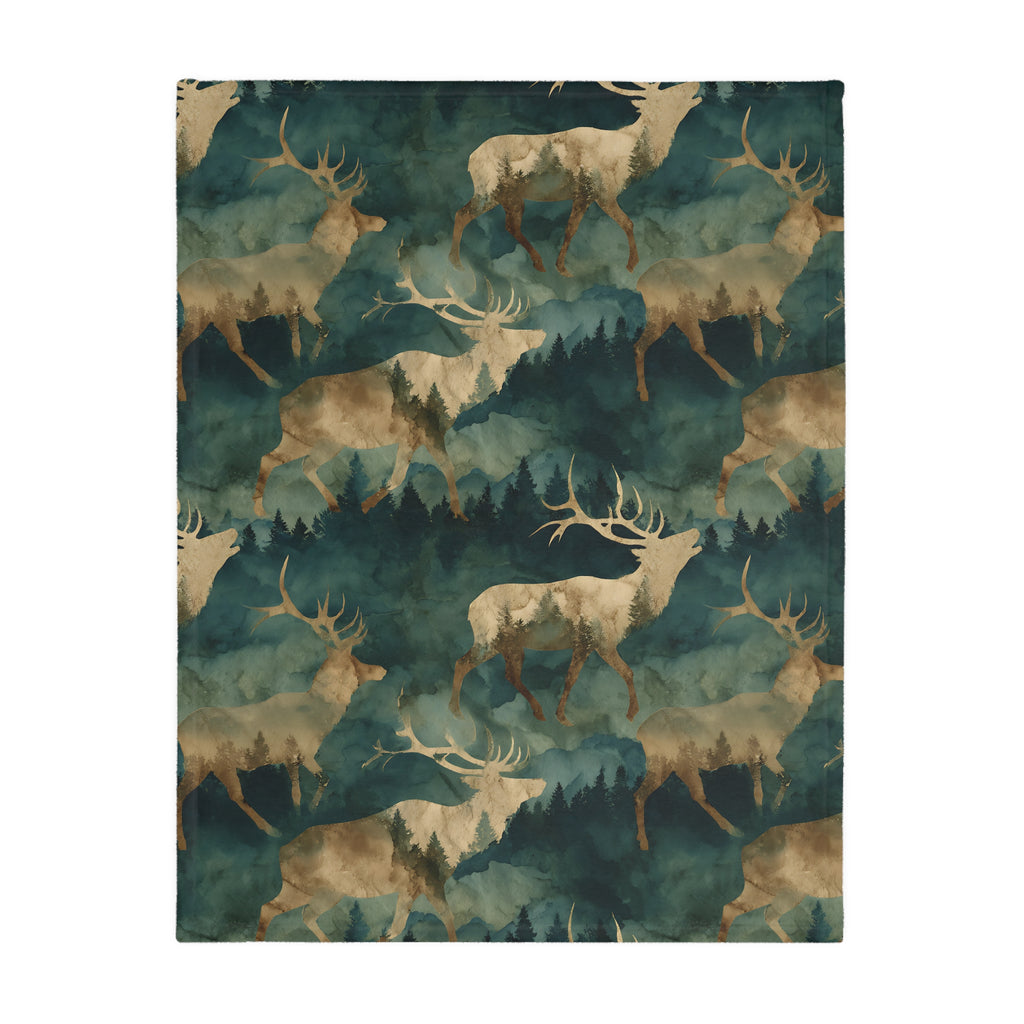 Rustic Elk Forest Velvet Microfiber Blanket — Two-Sided Deer Print, Cozy Cabin Throw