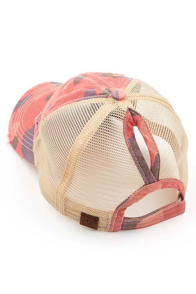 Camouflage distressed vintage style ponytail cap