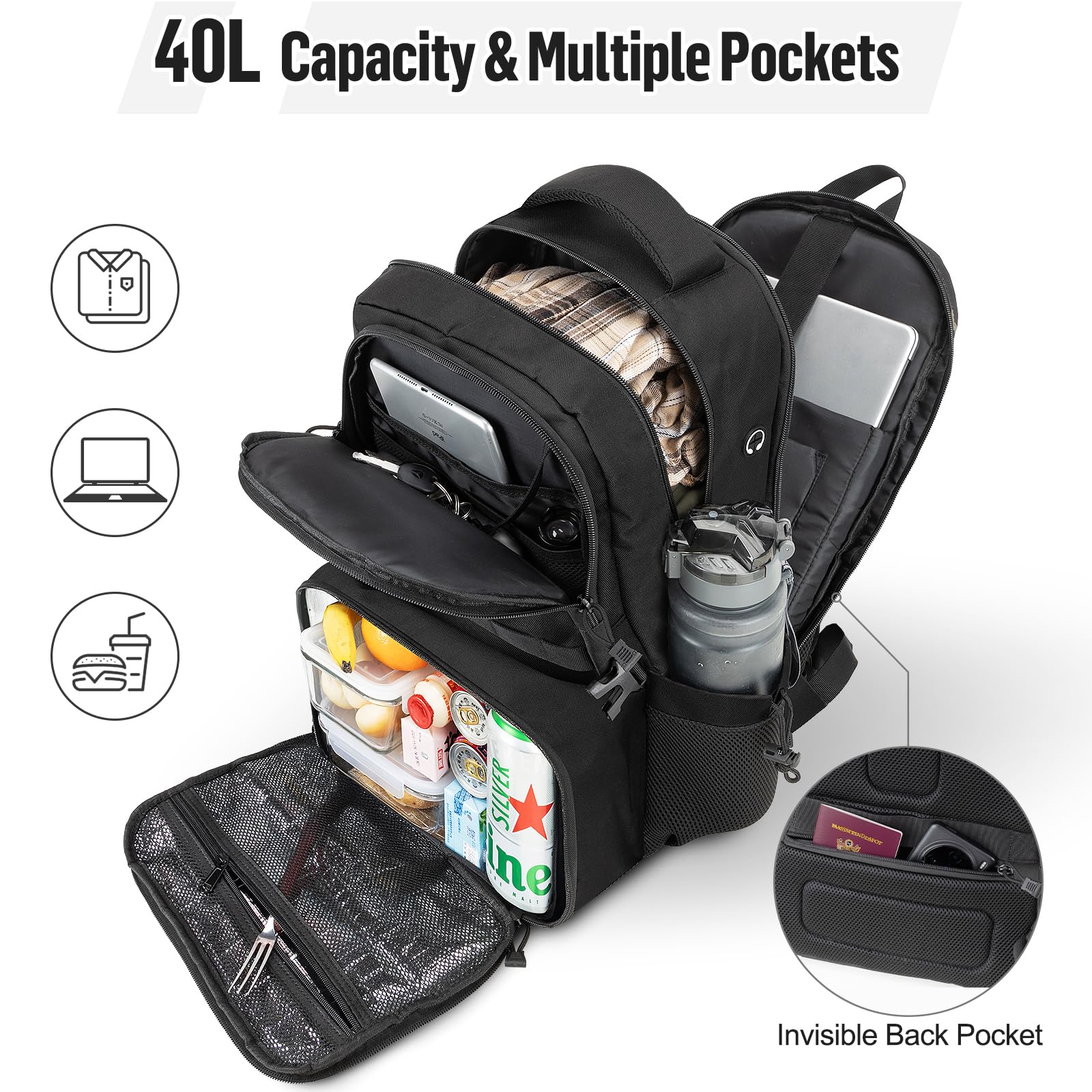 Jueachy Tactical Backpack with Lunch Box for Men: Laptop Compartment Bookbag with lunchbox for Work School for Women Mens Black