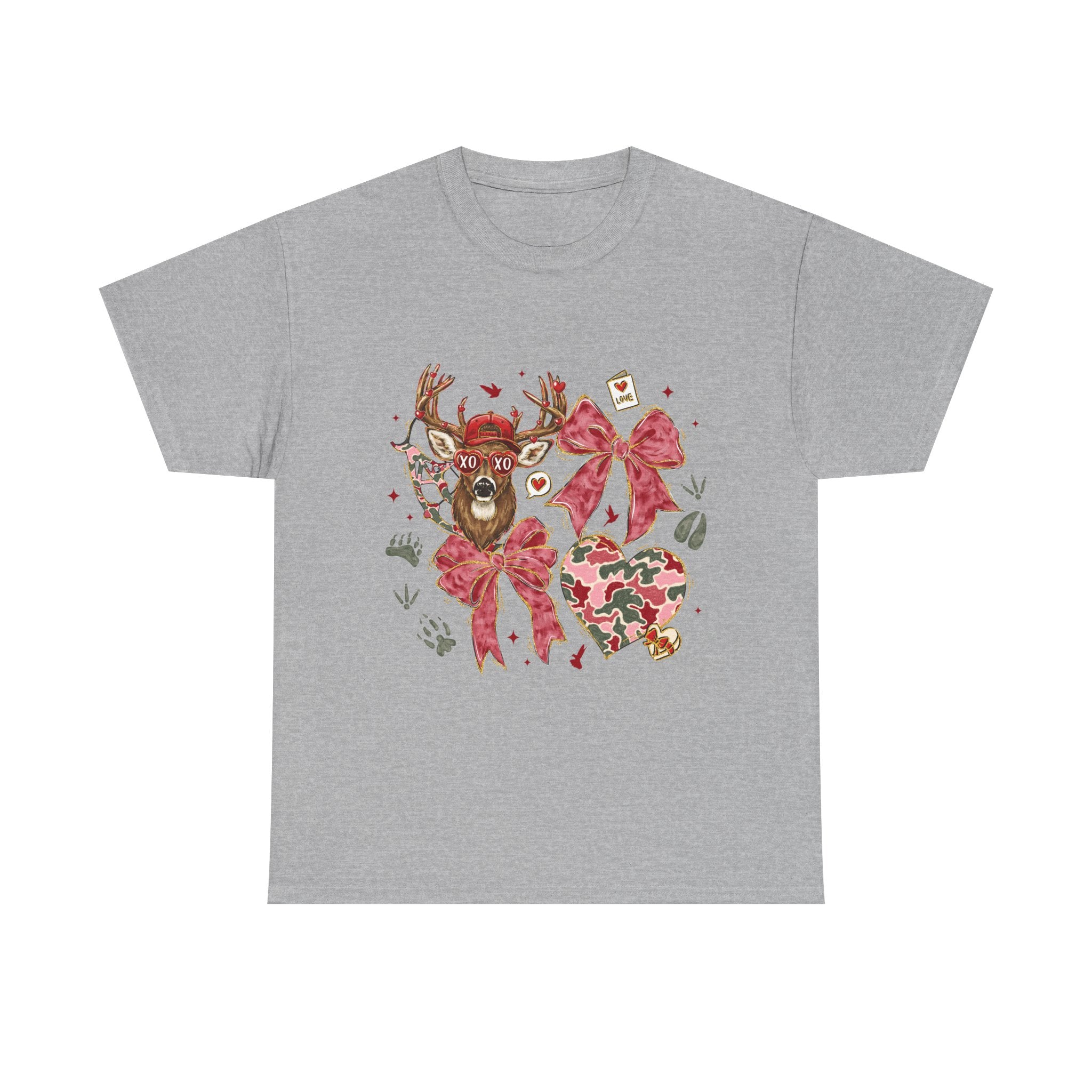 Valentine Reindeer Heart T-Shirt — Cute Floral Bow Love Graphic Tee